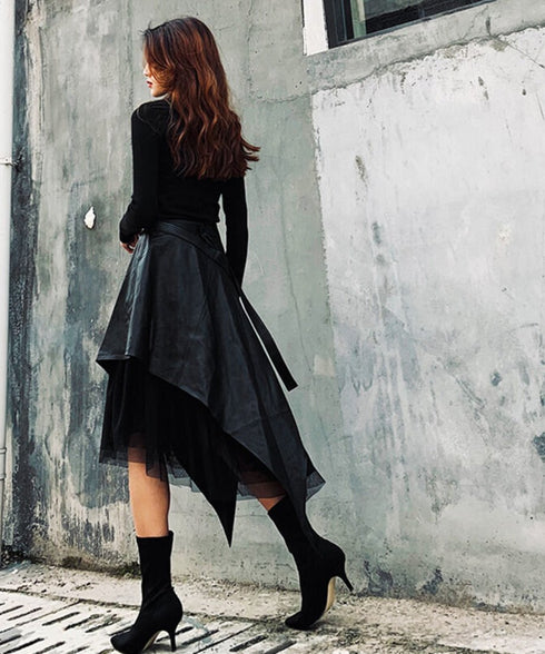 Asymmetric Layered Faux Leather Tulle Skirt